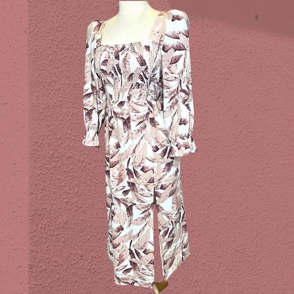 NWT House of Harlow 1960 Palm Leaf Linen Smocked Midi Dress L Cottagecore Boho - Picture 8 of 16